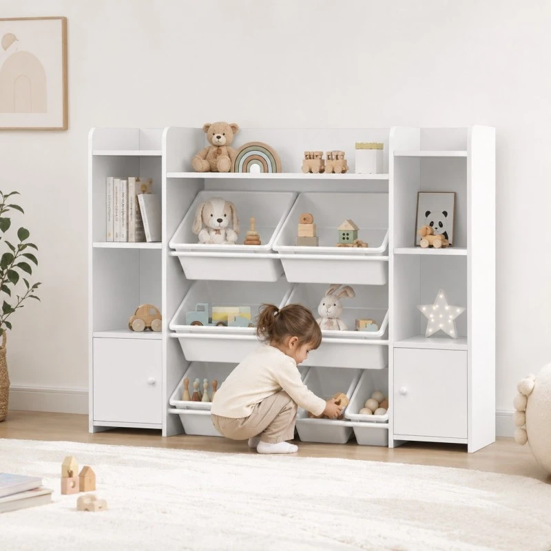 Голям Детски Органайзер GINGER HOME, Бяла Етажерка за Играчки и Книги с 8 Кутии за Съхранение и 2 Шкафа, 141.5x100x30 см