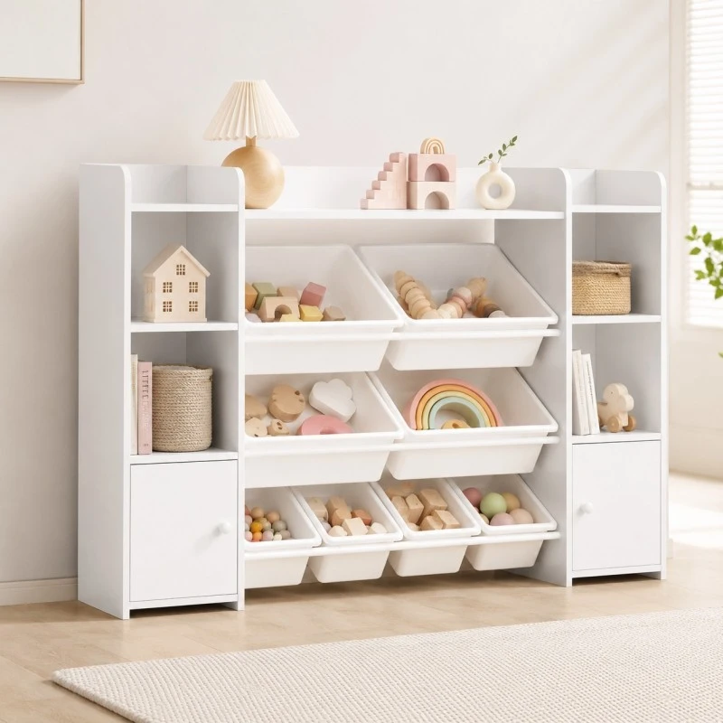 Голям Детски Органайзер GINGER HOME, Бяла Етажерка за Играчки и Книги с 8 Кутии за Съхранение и 2 Шкафа, 141.5x100x30 см