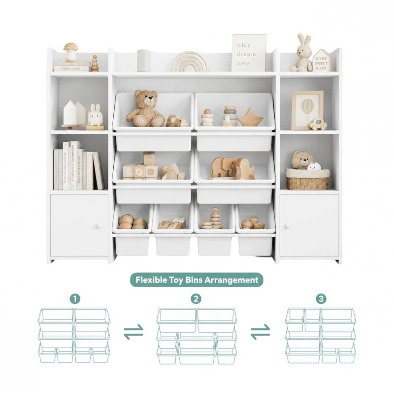 Голям Детски Органайзер GINGER HOME, Бяла Етажерка за Играчки и Книги с 8 Кутии за Съхранение и 2 Шкафа, 141.5x100x30 см