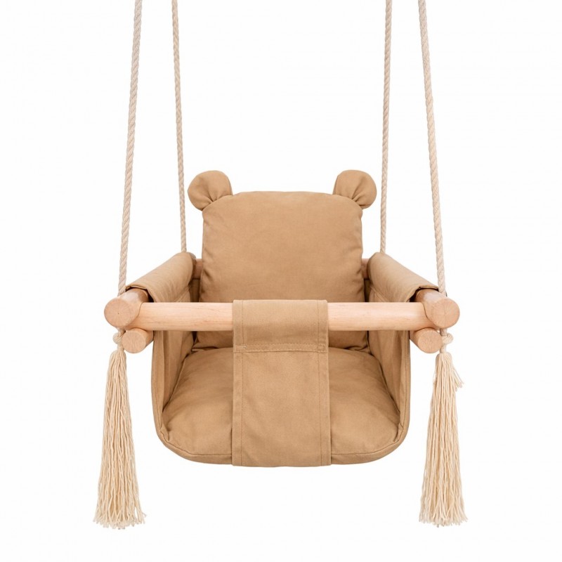 Детска Дървена Люлка Мече GINGER HOME, Безопасна Мека Памучна Седалка с Облегалка, 28x28x196 см