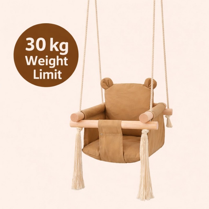 Детска Дървена Люлка Мече GINGER HOME, Безопасна Мека Памучна Седалка с Облегалка, 28x28x196 см