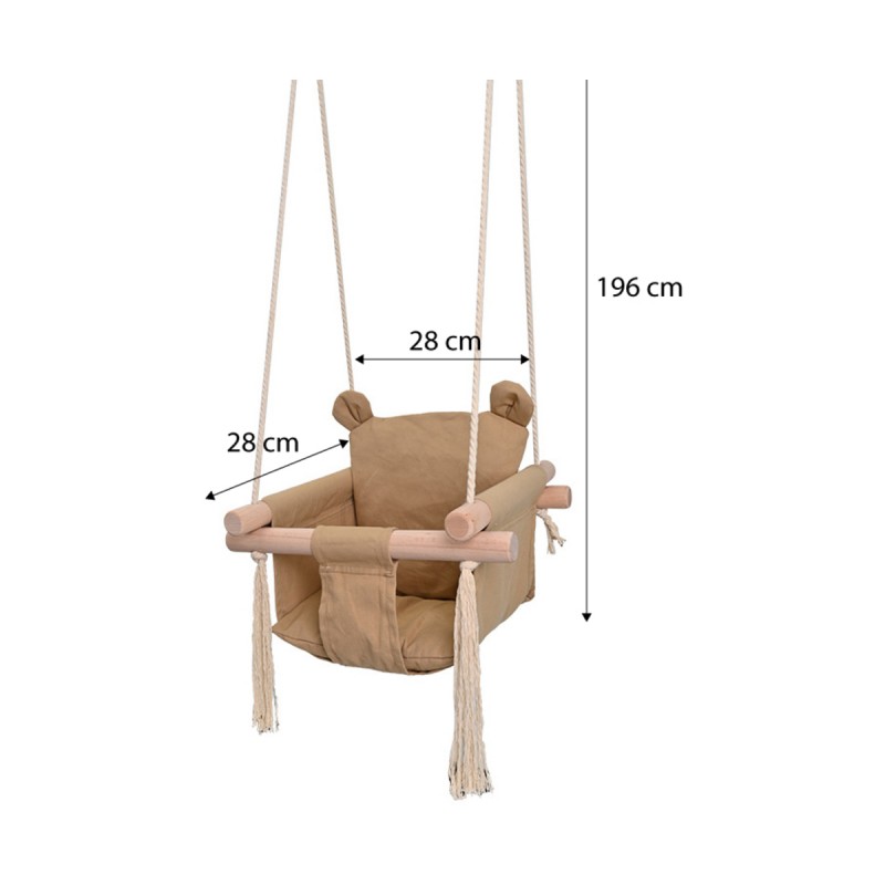Детска Дървена Люлка Мече GINGER HOME, Безопасна Мека Памучна Седалка с Облегалка, 28x28x196 см