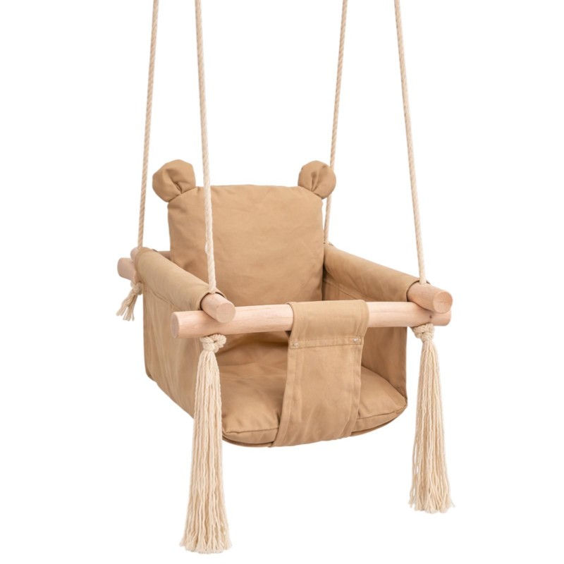 Детска Дървена Люлка Мече GINGER HOME, Безопасна Мека Памучна Седалка с Облегалка, 28x28x196 см
