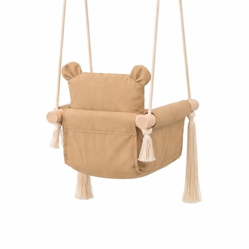 Детска Дървена Люлка Мече GINGER HOME, Безопасна Мека Памучна Седалка с Облегалка, 28x28x196 см