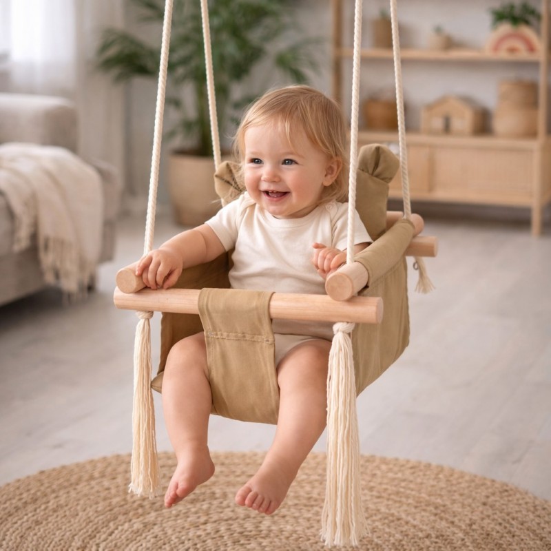 Детска Дървена Люлка Мече GINGER HOME, Безопасна Мека Памучна Седалка с Облегалка, 28x28x196 см