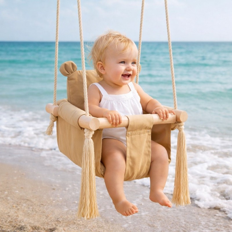 Детска Дървена Люлка Мече GINGER HOME, Безопасна Мека Памучна Седалка с Облегалка, 28x28x196 см