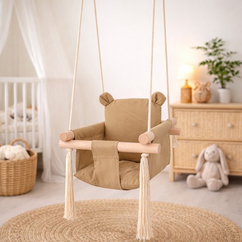 Детска Дървена Люлка Мече GINGER HOME, Безопасна Мека Памучна Седалка с Облегалка, 28x28x196 см