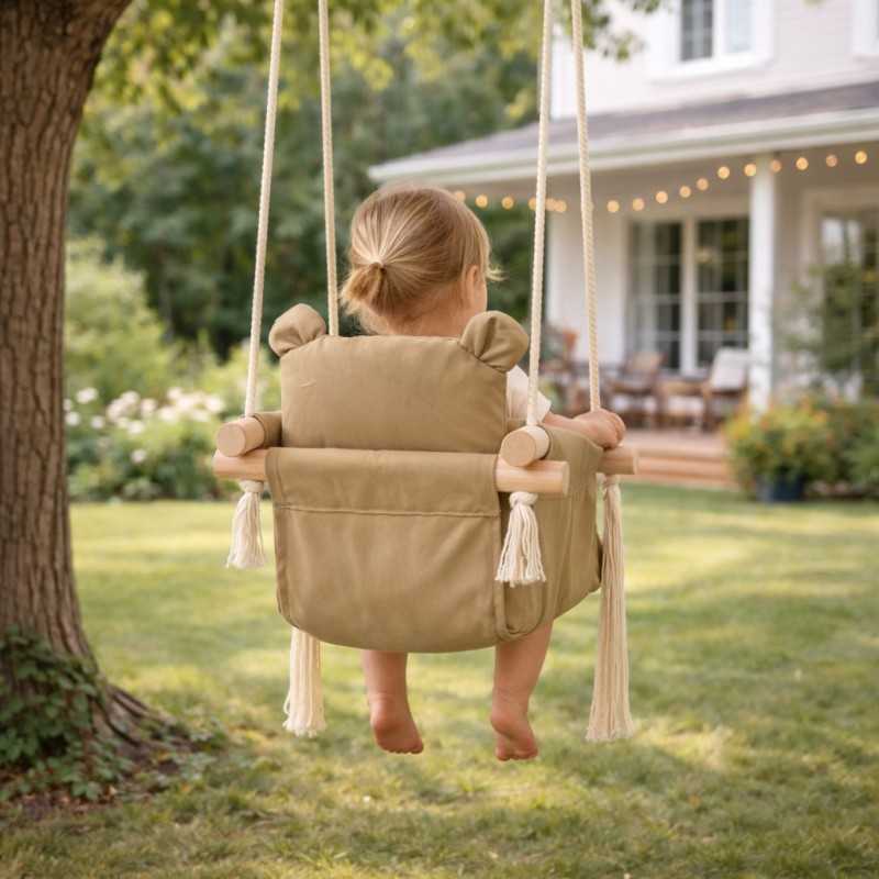 Детска Дървена Люлка Мече GINGER HOME, Безопасна Мека Памучна Седалка с Облегалка, 28x28x196 см