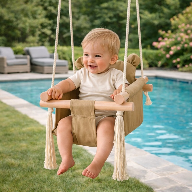 Детска Дървена Люлка Мече GINGER HOME, Безопасна Мека Памучна Седалка с Облегалка, 28x28x196 см