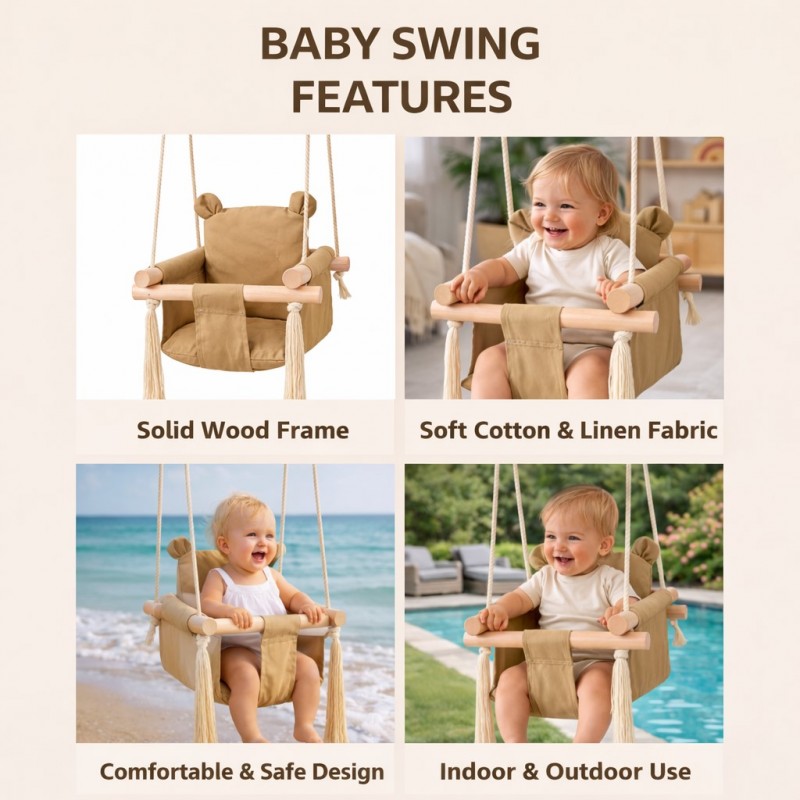 Детска Дървена Люлка Мече GINGER HOME, Безопасна Мека Памучна Седалка с Облегалка, 28x28x196 см