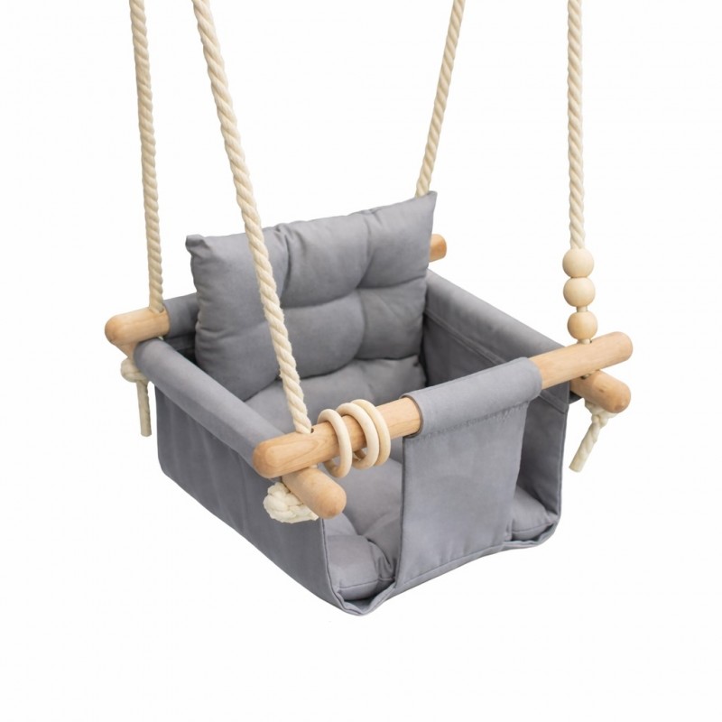 Детска Дървена Люлка Сканди GINGER HOME – Безопасна Мека Памучна Седалка с Облегалка, 28x28x196 см
