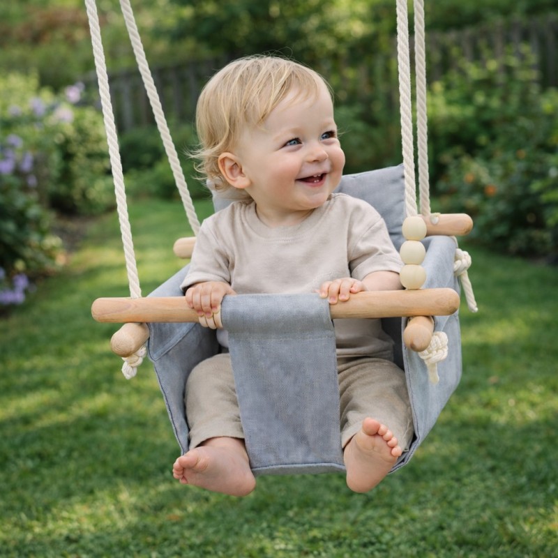 Детска Дървена Люлка Сканди GINGER HOME – Безопасна Мека Памучна Седалка с Облегалка, 28x28x196 см