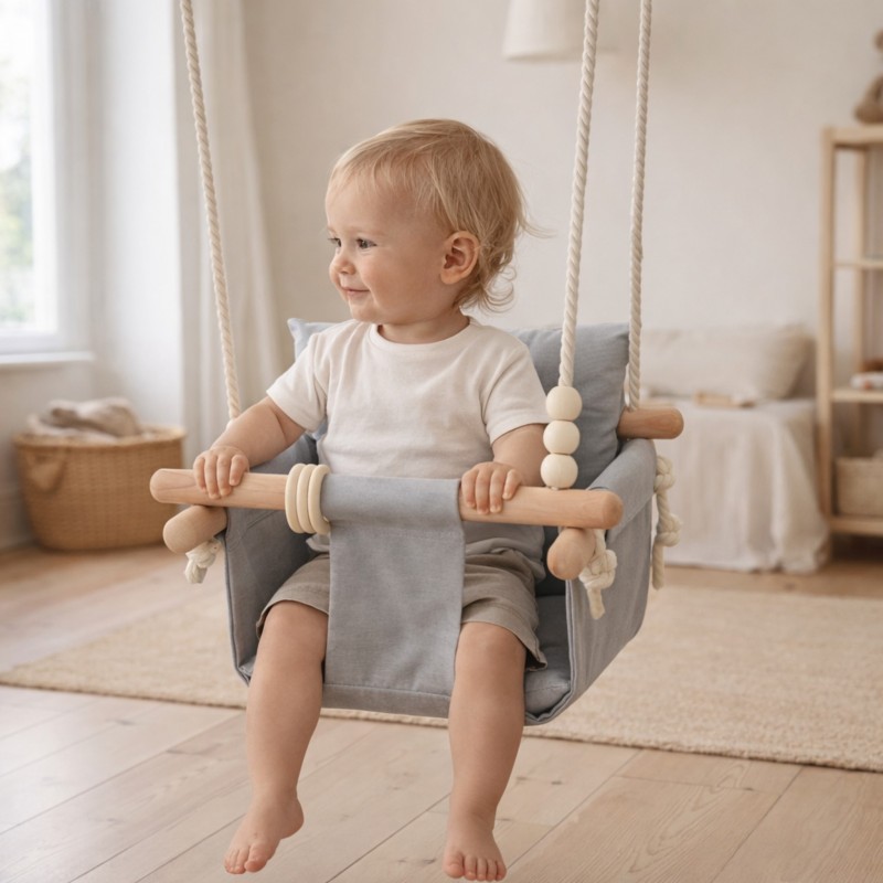 Детска Дървена Люлка Сканди GINGER HOME – Безопасна Мека Памучна Седалка с Облегалка, 28x28x196 см