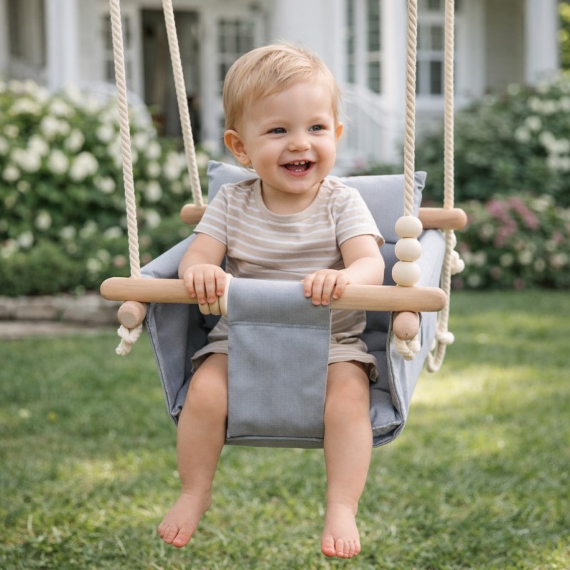 Детска Дървена Люлка Сканди GINGER HOME – Безопасна Мека Памучна Седалка с Облегалка, 28x28x196 см