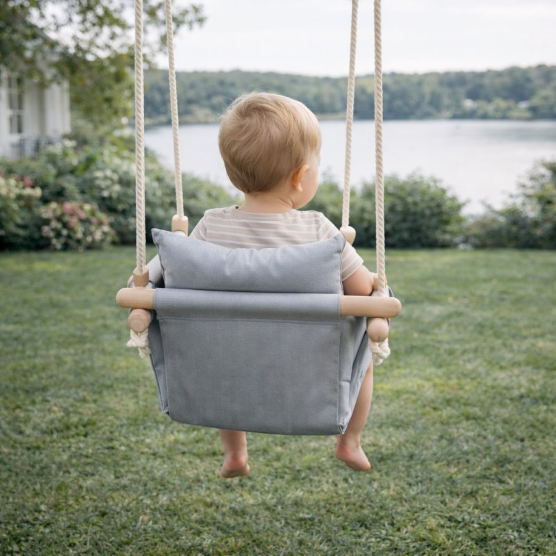 Детска Дървена Люлка Сканди GINGER HOME – Безопасна Мека Памучна Седалка с Облегалка, 28x28x196 см