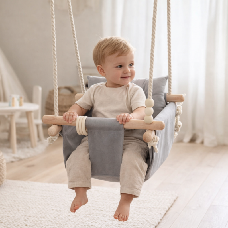 Детска Дървена Люлка Сканди GINGER HOME – Безопасна Мека Памучна Седалка с Облегалка, 28x28x196 см