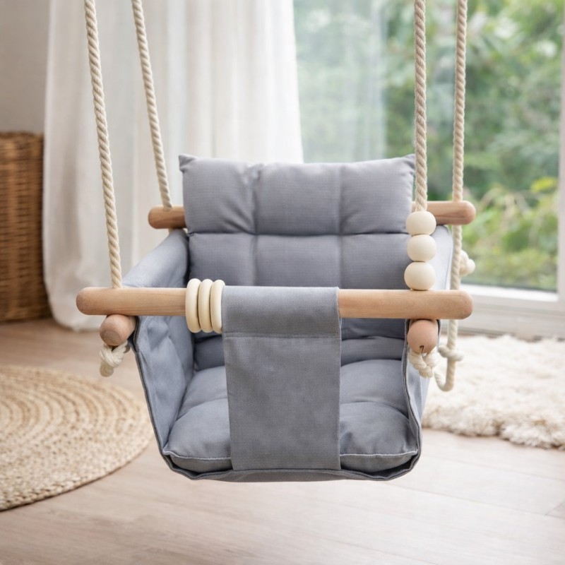 Детска Дървена Люлка Сканди GINGER HOME – Безопасна Мека Памучна Седалка с Облегалка, 28x28x196 см