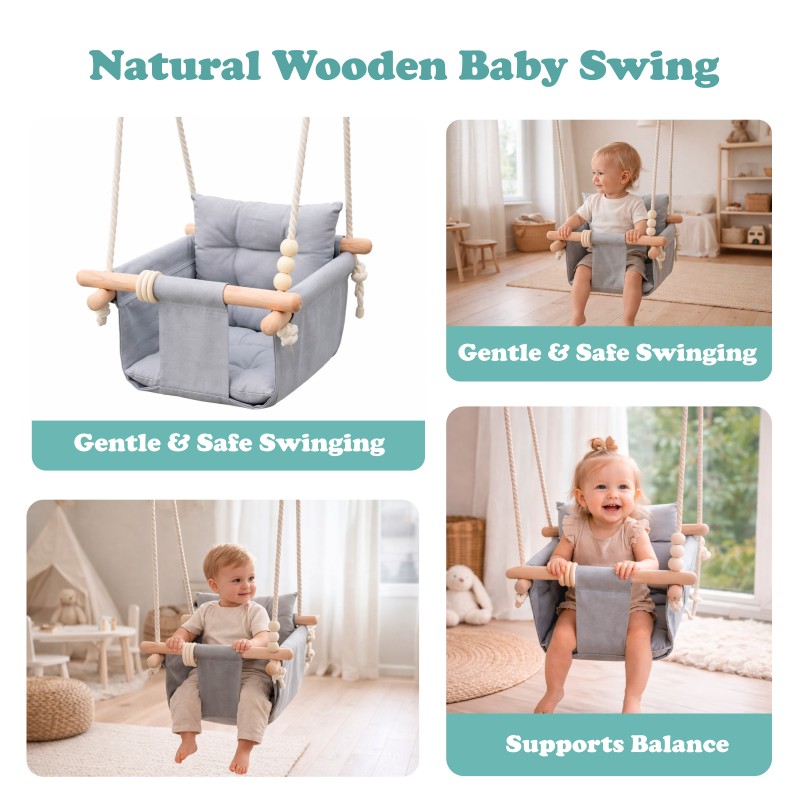 Детска Дървена Люлка Сканди GINGER HOME – Безопасна Мека Памучна Седалка с Облегалка, 28x28x196 см