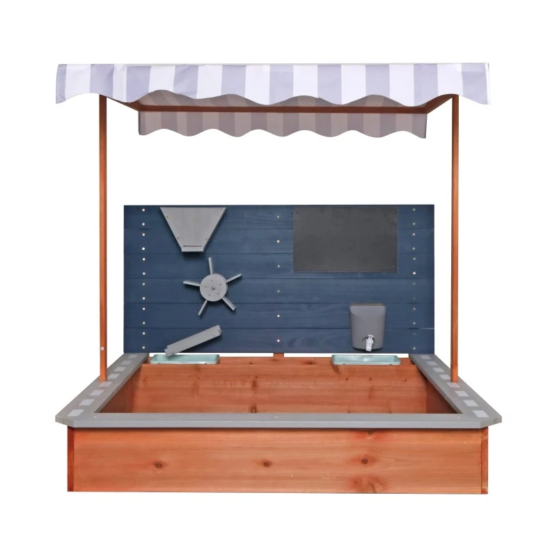 Детски Дървен Пясъчник GINGER HOME с Регулируем Покрив, Аксесоари за Игра 120x120x120 см – Идеален за Двор и Градина
