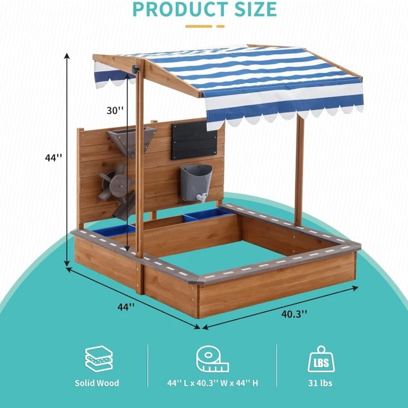 Детски Дървен Пясъчник GINGER HOME с Регулируем Покрив, Аксесоари за Игра 120x120x120 см – Идеален за Двор и Градина