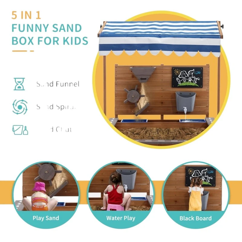 Детски Дървен Пясъчник GINGER HOME с Регулируем Покрив, Аксесоари за Игра 120x120x120 см – Идеален за Двор и Градина