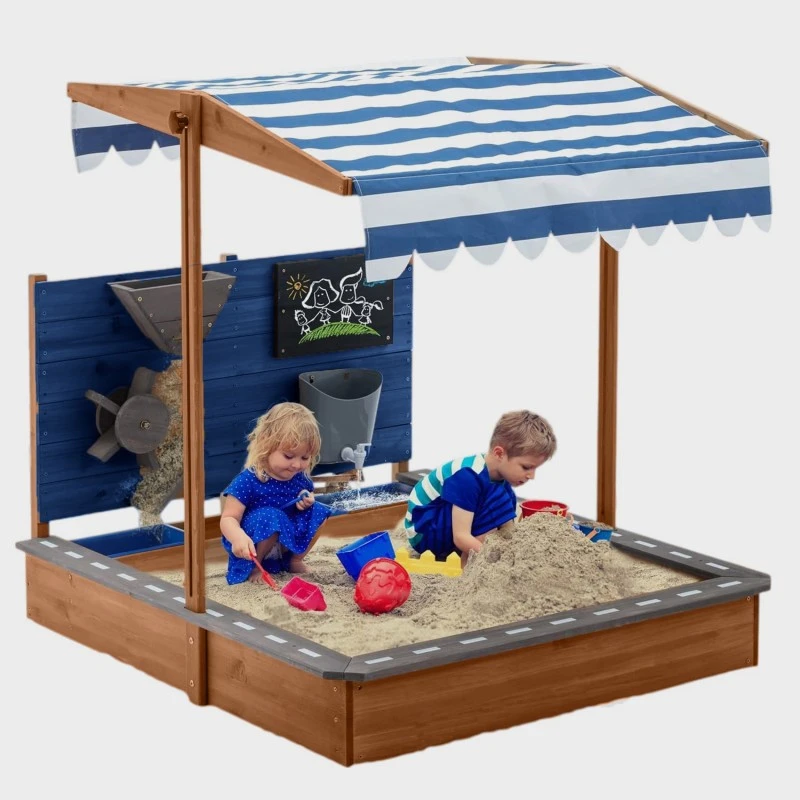 Детски Дървен Пясъчник GINGER HOME с Регулируем Покрив, Аксесоари за Игра 120x120x120 см – Идеален за Двор и Градина