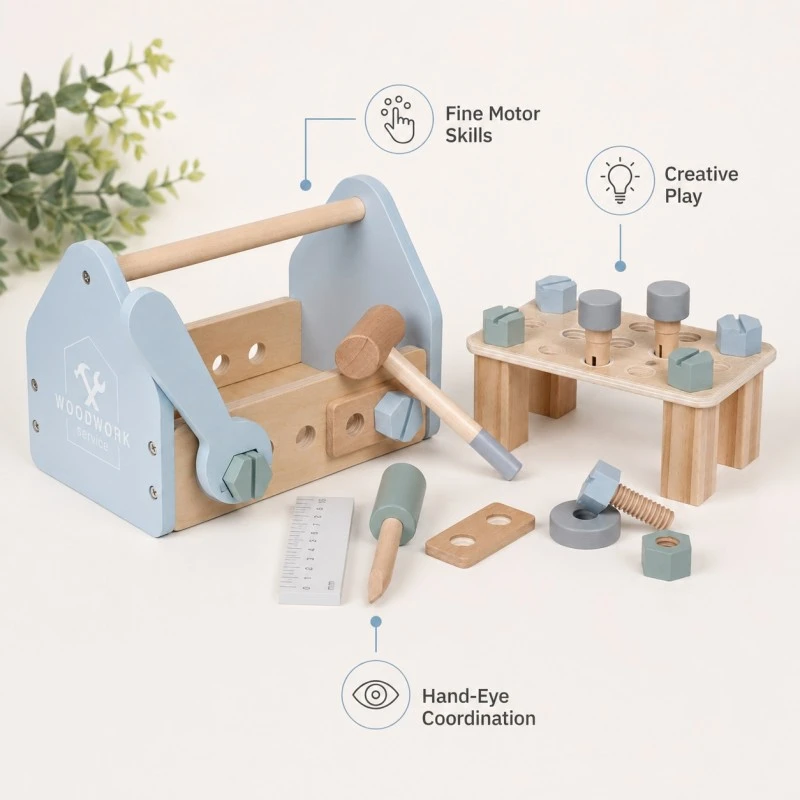 Детска Дървена Кутия с Инструменти GINGER HOME, Мини Работилница с 22 Части, Синя, 22x13x14 см