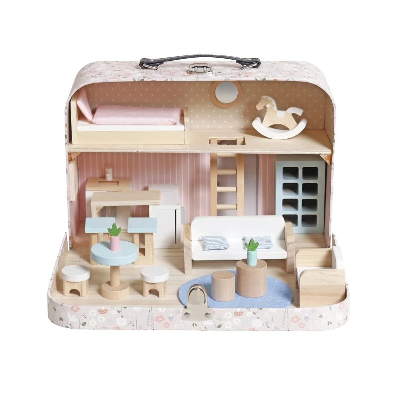 Детска Дървена Къща Куфар GINGER HOME, Преносима Мини Къща за Кукли с Мебели и Аксесоари, Розова, 30.5x20.5x10.5 см