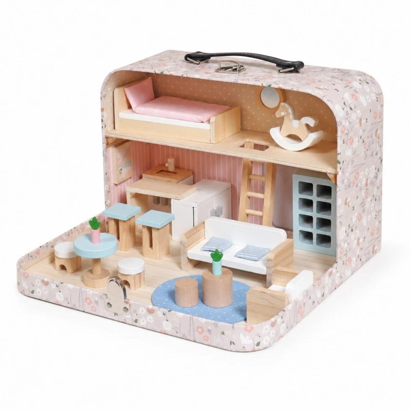 Детска Дървена Къща Куфар GINGER HOME, Преносима Мини Къща за Кукли с Мебели и Аксесоари, Розова, 30.5x20.5x10.5 см