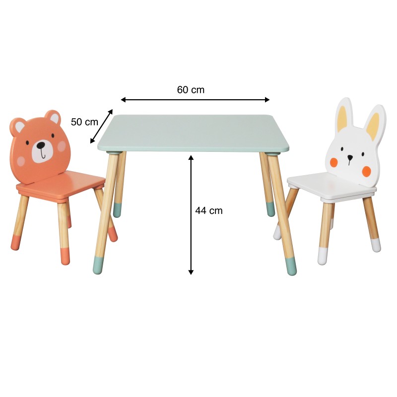 Детска Дървена Маса с 2 Столчета GINGER HOME – Мече и Зайче, Комплект за Игра и Учене
