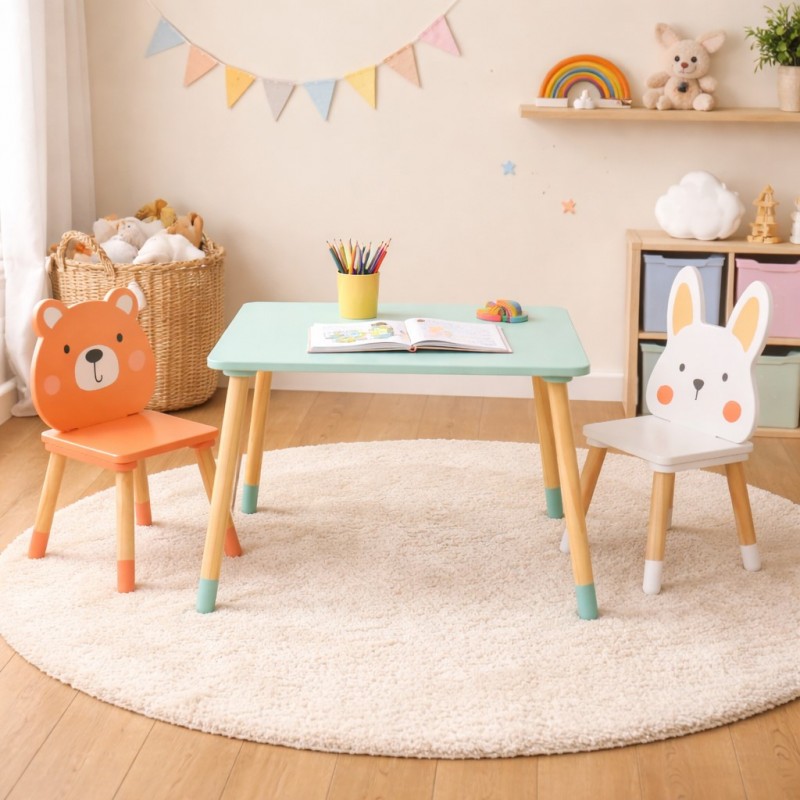 Детска Дървена Маса с 2 Столчета GINGER HOME – Мече и Зайче, Комплект за Игра и Учене