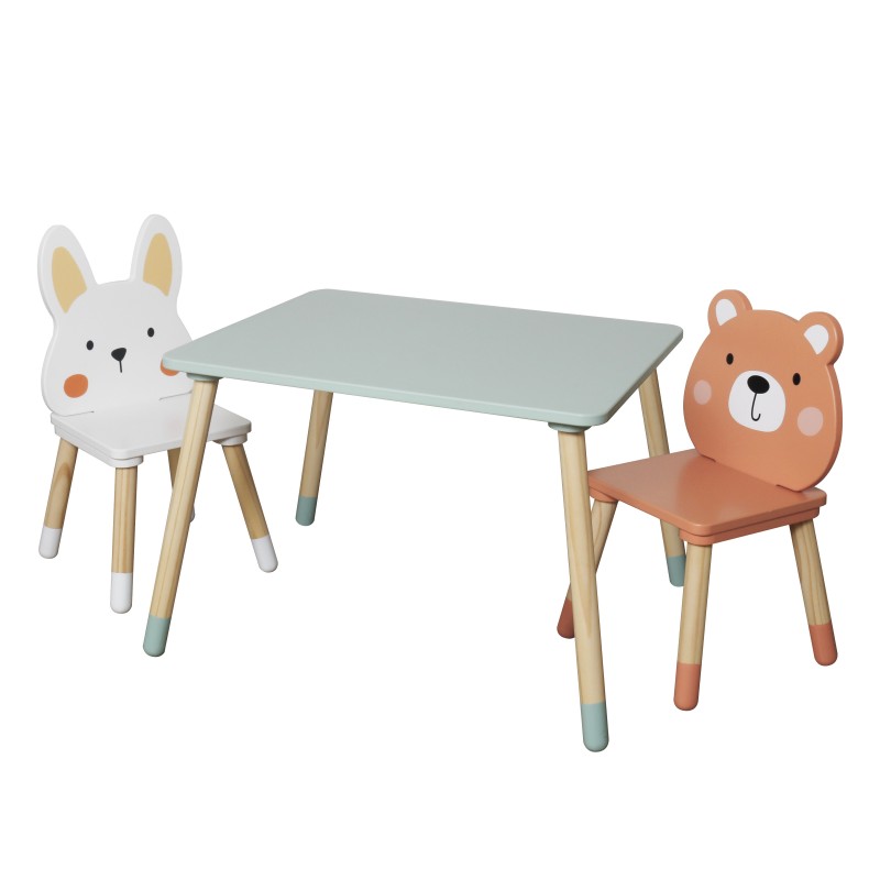 Детска Дървена Маса с 2 Столчета GINGER HOME – Мече и Зайче, Комплект за Игра и Учене