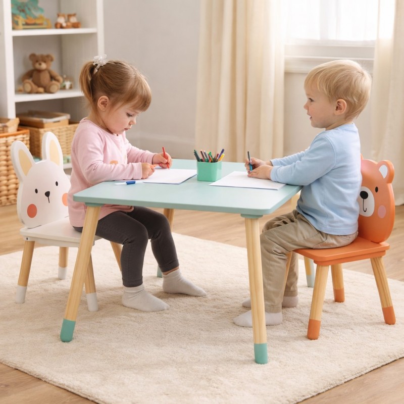 Детска Дървена Маса с 2 Столчета GINGER HOME – Мече и Зайче, Комплект за Игра и Учене