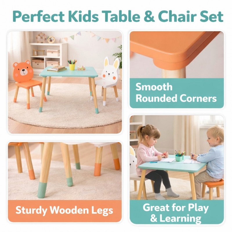 Детска Дървена Маса с 2 Столчета GINGER HOME – Мече и Зайче, Комплект за Игра и Учене