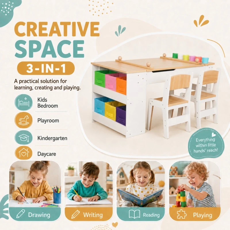 Детска Дървена Маса 3 в 1 GINGER HOME с 2 Столчета, Дъска за Рисуване, Органайзер и Ролка за Хартия, 109x60x55 см
