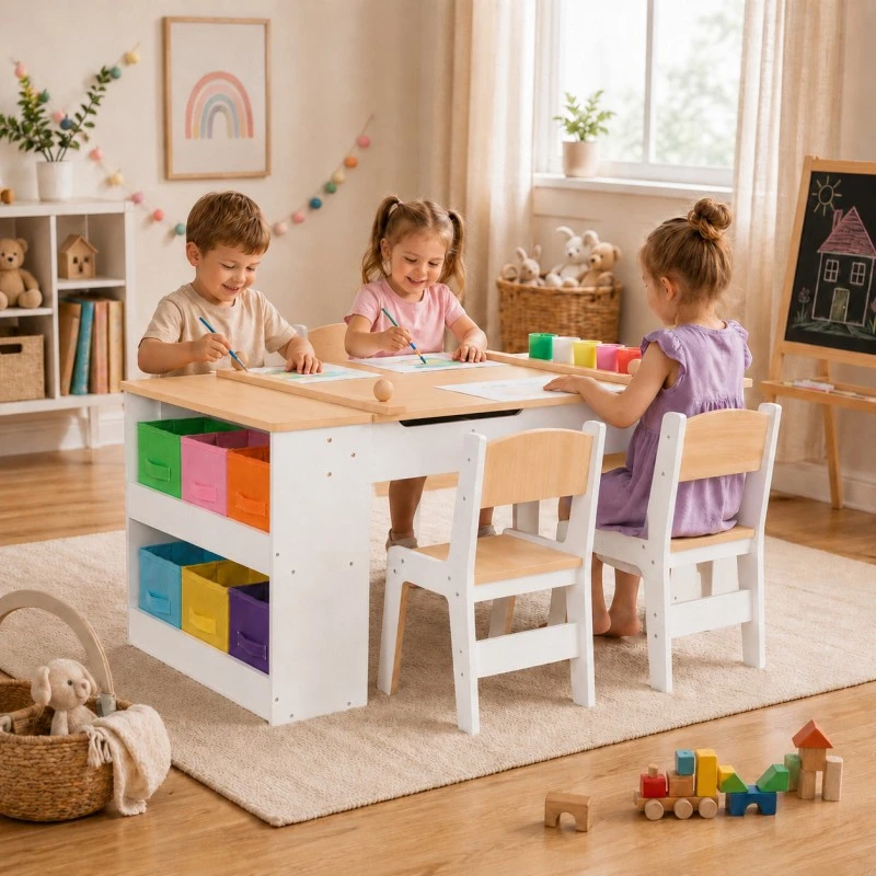 Детска Дървена Маса 3 в 1 GINGER HOME с 2 Столчета, Дъска за Рисуване, Органайзер и Ролка за Хартия, 109x60x55 см