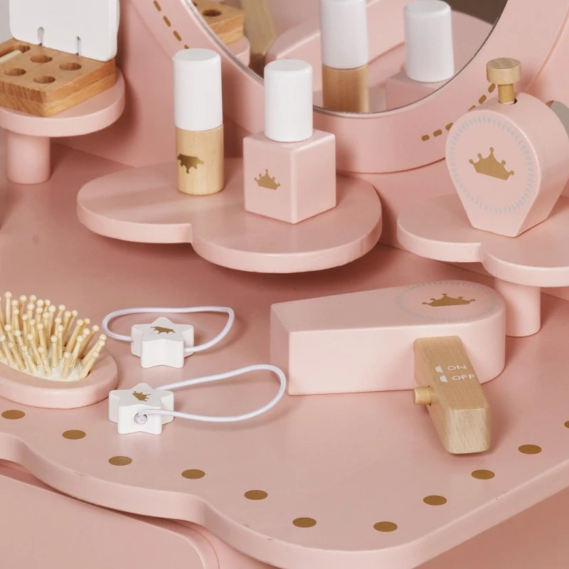 Детска Тоалетка GINGER HOME с Огледало и Аксесоари, Принцеска, Розова, Дървена
