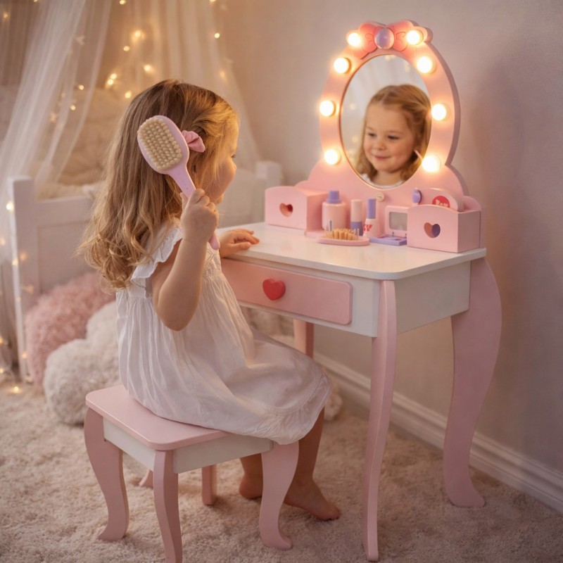 Детска Дървена Тоалетка с Огледало и Светлини GINGER HOME Розова
