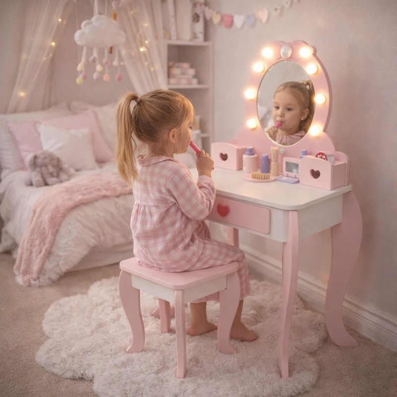 Детска Дървена Тоалетка с Огледало и Светлини GINGER HOME Розова