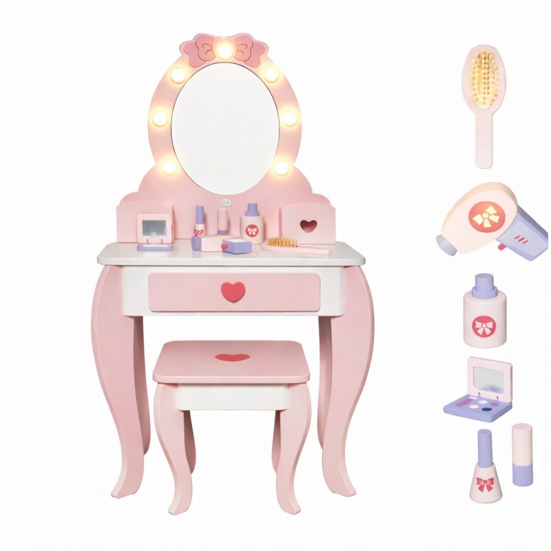 Детска Дървена Тоалетка с Огледало и Светлини GINGER HOME Розова