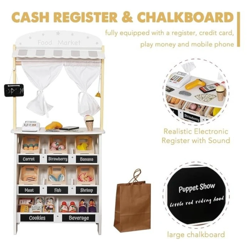 Дървен Детски Магазин и Театър 2 в 1 GINGER HOME, за Ролеви Игри, с Каса, POS Терминал и Скенер със Звук, Играчки и Аксесоари, 45x24x97.5 см, за Деца Над 3 Години