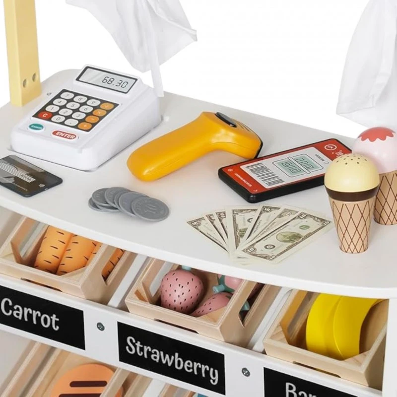 Дървен Детски Магазин и Театър 2 в 1 GINGER HOME, за Ролеви Игри, с Каса, POS Терминал и Скенер със Звук, Играчки и Аксесоари, 45x24x97.5 см, за Деца Над 3 Години