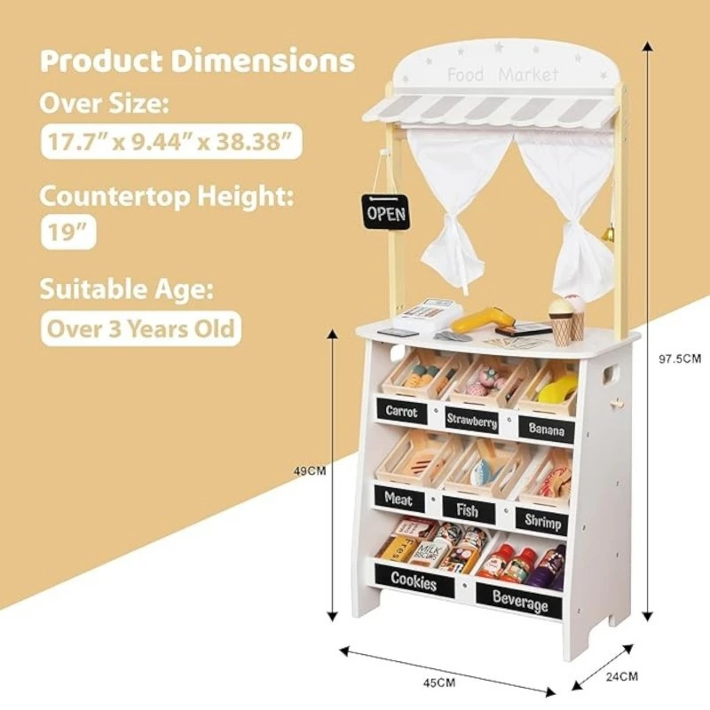 Дървен Детски Магазин и Театър 2 в 1 GINGER HOME, за Ролеви Игри, с Каса, POS Терминал и Скенер със Звук, Играчки и Аксесоари, 45x24x97.5 см, за Деца Над 3 Години
