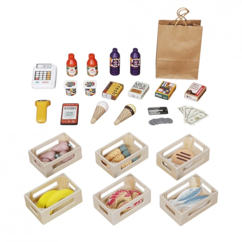Дървен Детски Магазин и Театър 2 в 1 GINGER HOME, за Ролеви Игри, с Каса, POS Терминал и Скенер със Звук, Играчки и Аксесоари, 45x24x97.5 см, за Деца Над 3 Години