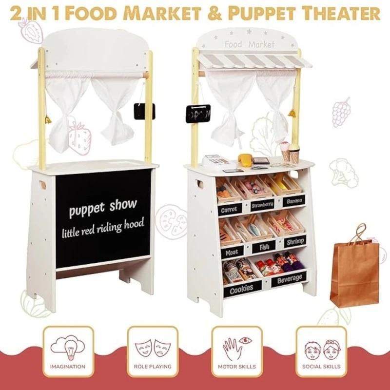 Дървен Детски Магазин и Театър 2 в 1 GINGER HOME, за Ролеви Игри, с Каса, POS Терминал и Скенер със Звук, Играчки и Аксесоари, 45x24x97.5 см, за Деца Над 3 Години