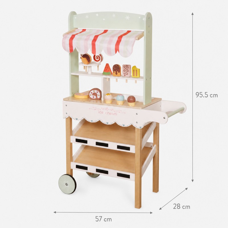 Детски Дървен Щанд за Сладолед GINGER HOME, Магазинче на Колела, MDF, 44/57x28x95.5 см, Монтесори Игра