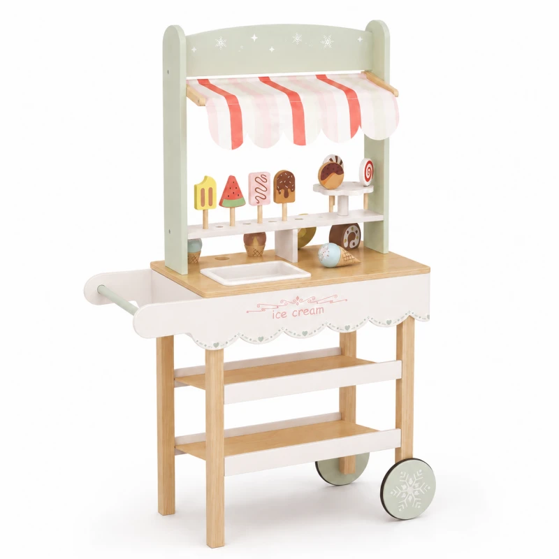 Детски Дървен Щанд за Сладолед GINGER HOME, Магазинче на Колела, MDF, 44/57x28x95.5 см, Монтесори Игра