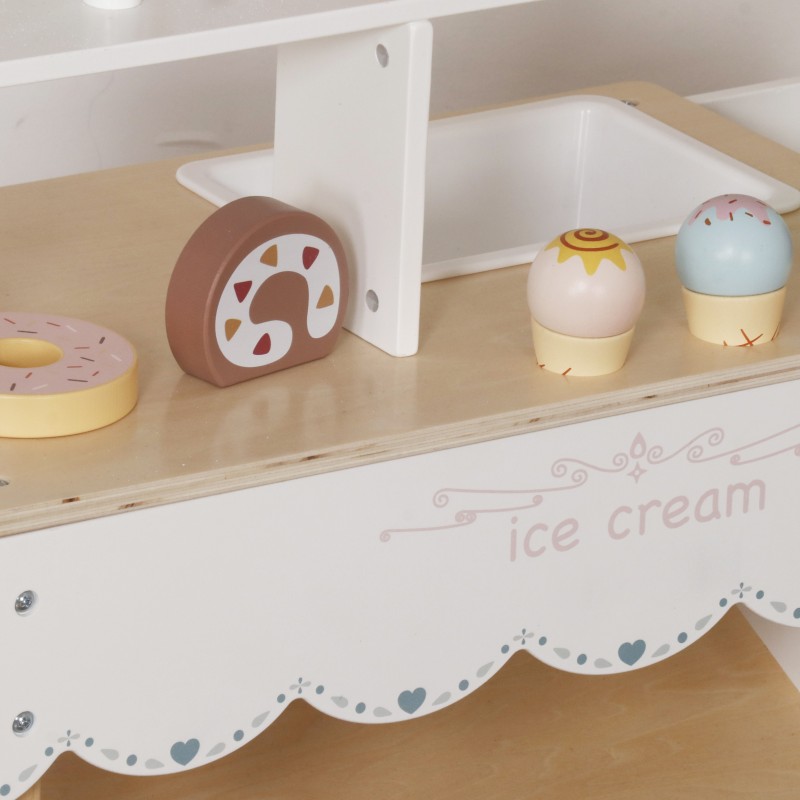 Детски Дървен Щанд за Сладолед GINGER HOME, Магазинче на Колела, MDF, 44/57x28x95.5 см, Монтесори Игра