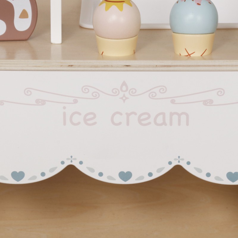 Детски Дървен Щанд за Сладолед GINGER HOME, Магазинче на Колела, MDF, 44/57x28x95.5 см, Монтесори Игра