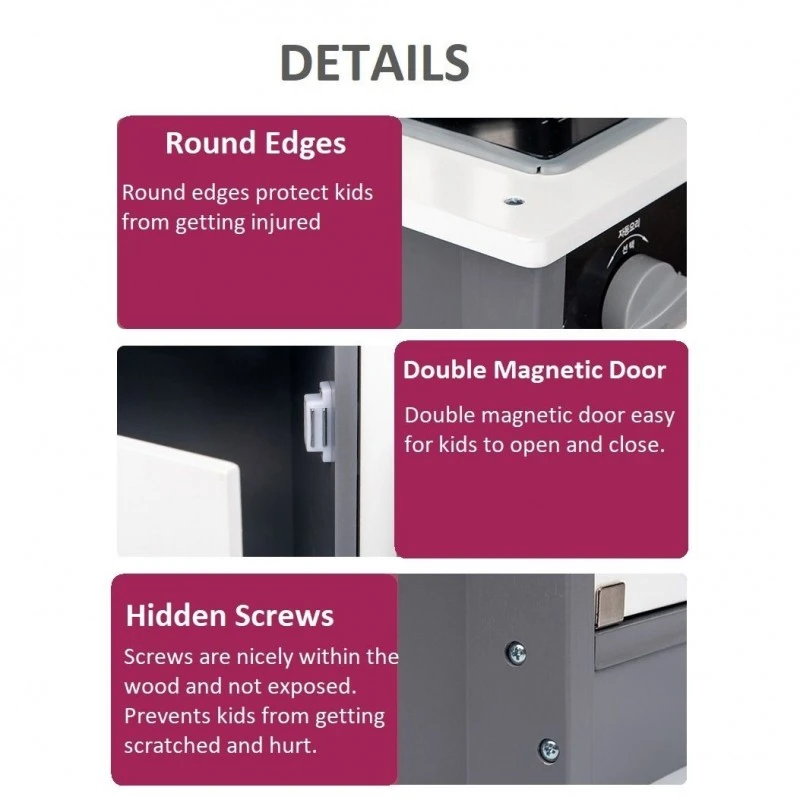 Детска Дървена Кухня със Звук, Светлина и Аксесоари за готвене  - WHITE/GREY